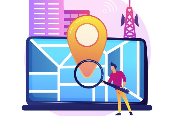 Location based advertisement. Geolocation software, online gps app, navigation system. Geographic restriction. Man searching address with magnifier. Vector isolated concept metaphor illustration